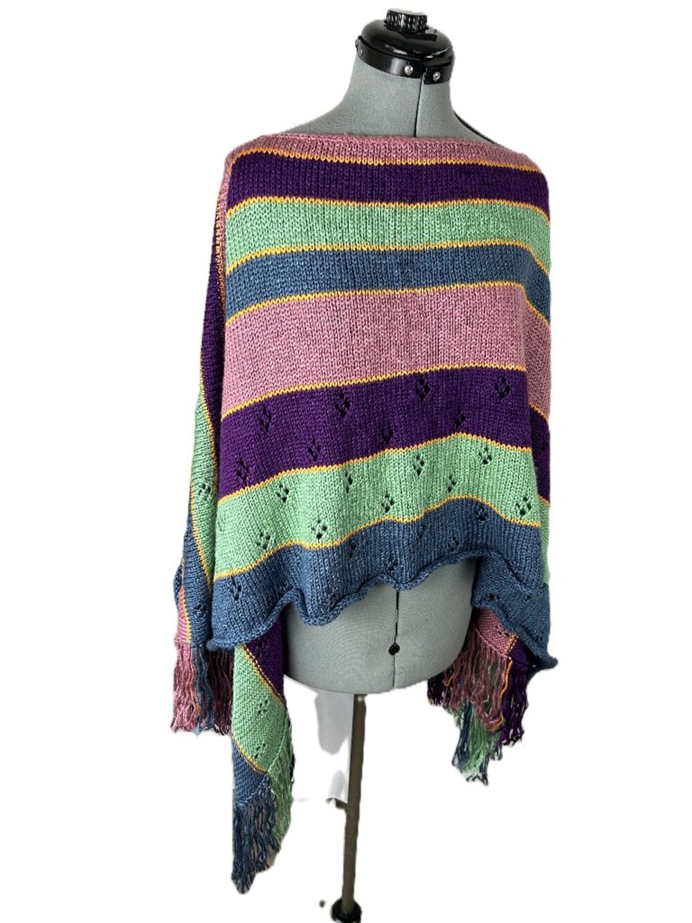 Handmade Crocheted Fringed Poncho Striped Colorful